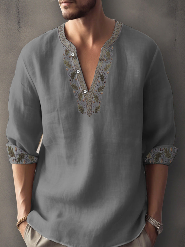 Europese Casual Oversized Kleurmatching Bamboe Linnen T-shirt met 3D Bedrukte Henleykraag en Lange Mouwen voor Heren