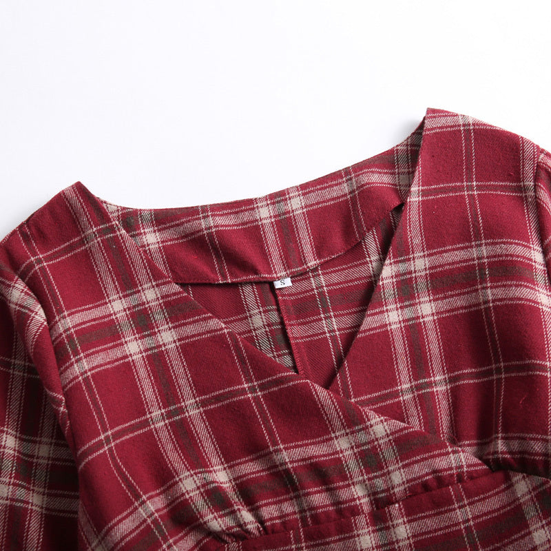 Vintage Rood Geruite V-halsjurk met Mouwen en Riem voor Dames & Plus-size