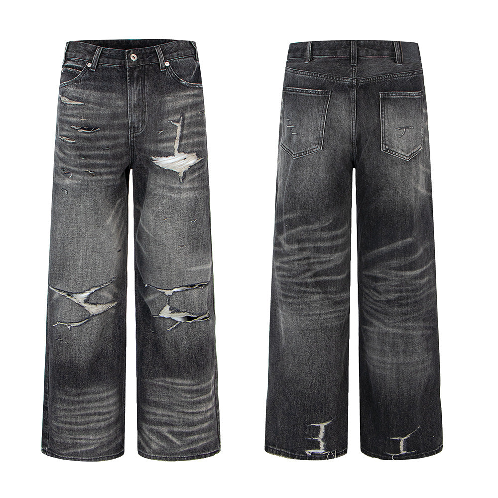 Modieuze Casual Effen Kleur Casual Vintage Washed Ripped Losse Denim Jeans met Rechte Pijpen voor Unisex