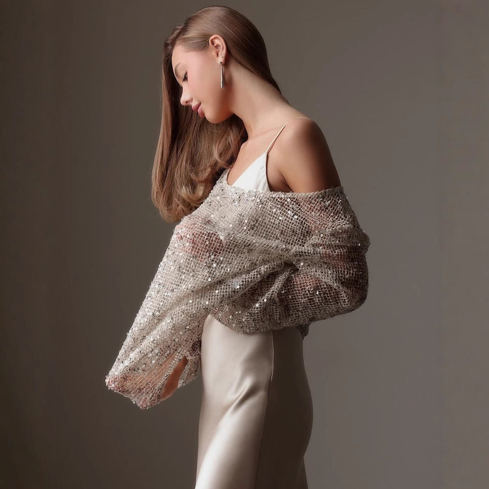 Amerikaanse Elegante Off-Shoulder Holle Oversized Pullover Pailletten Top en Lange Mouwen voor Dames & Plus-size