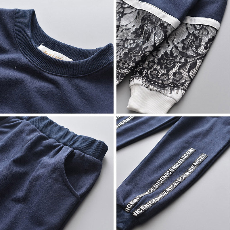 Meisjes Tweedelig Pak Sweatshirt met Kantsteek & Broek met Letterprint voor Kinderen/ Tieners
