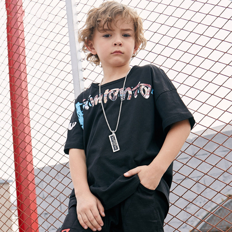 Amerikaanse Trendy Casual Bedrukte Ronde Hals T-shirt met Korte Mouwen voor Kinderen