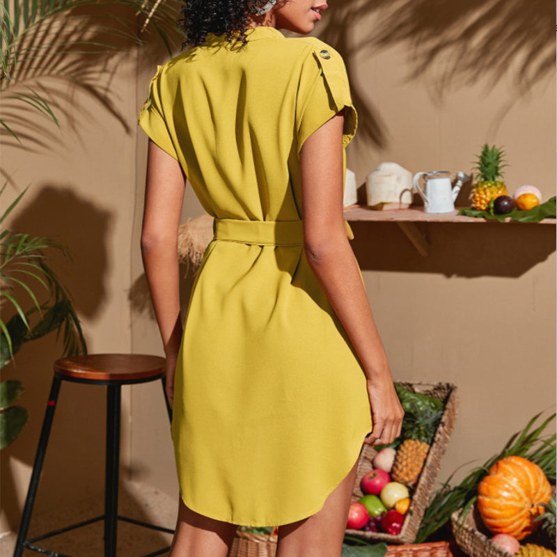 Zomerse Stijlvolle V-hals Mini-jurk met Korte Mouw en Riem voor Dames & Plus-size