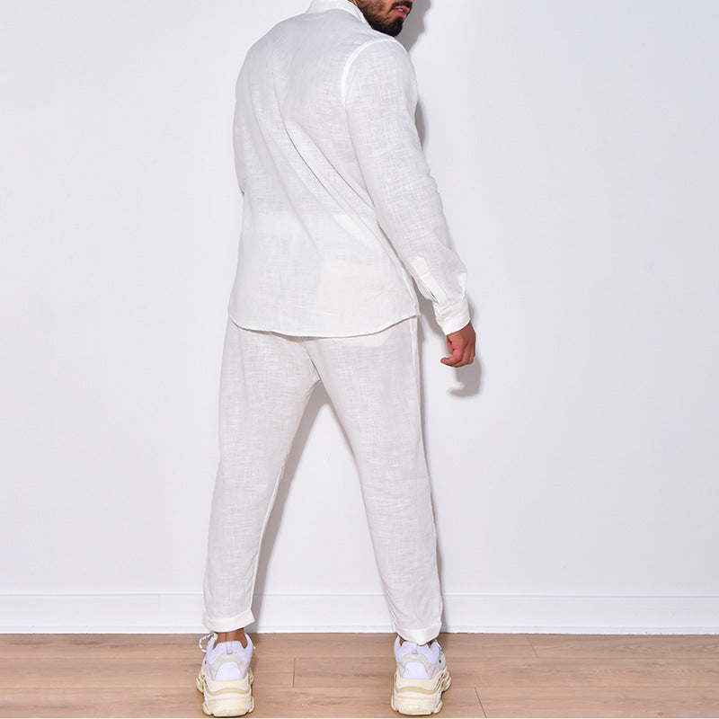 Casual 2-delige Set Linnen Effen Loungepak met Lange Mouwen voor Heren