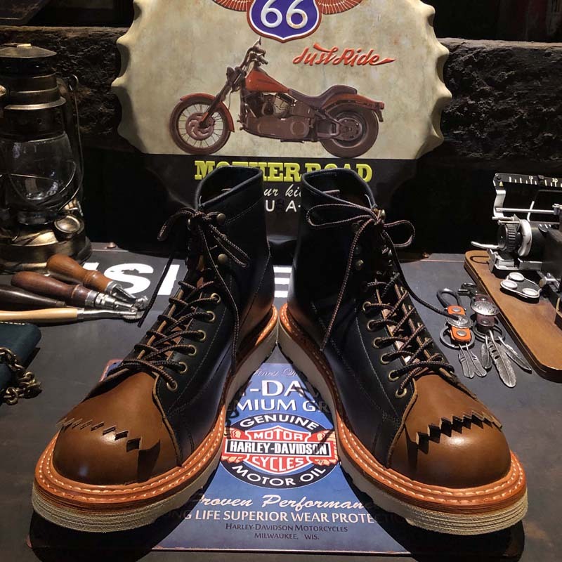 Amerikaanse Uniek Stijl Casual Retro Tweekleurige Laarzen van Echt Leer met Vetersluiting en Ronde Neus voor Heren