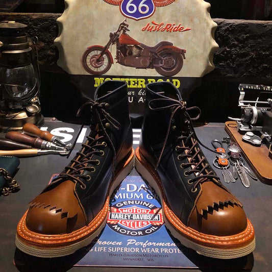 Amerikaanse Uniek Stijl Casual Retro Tweekleurige Laarzen van Echt Leer met Vetersluiting en Ronde Neus voor Heren