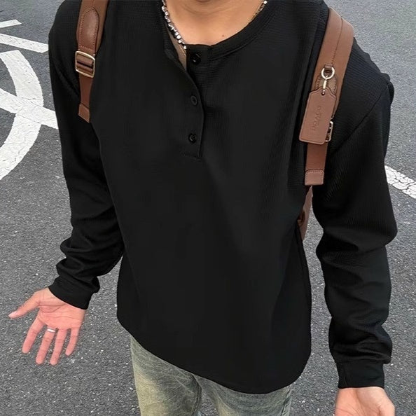 Amerikaanse Modieuze Casual Effen Kleur Henley Long Sleeve Ronde Hals Shirt met Lange Mouwen en Halve Knoopsluiting