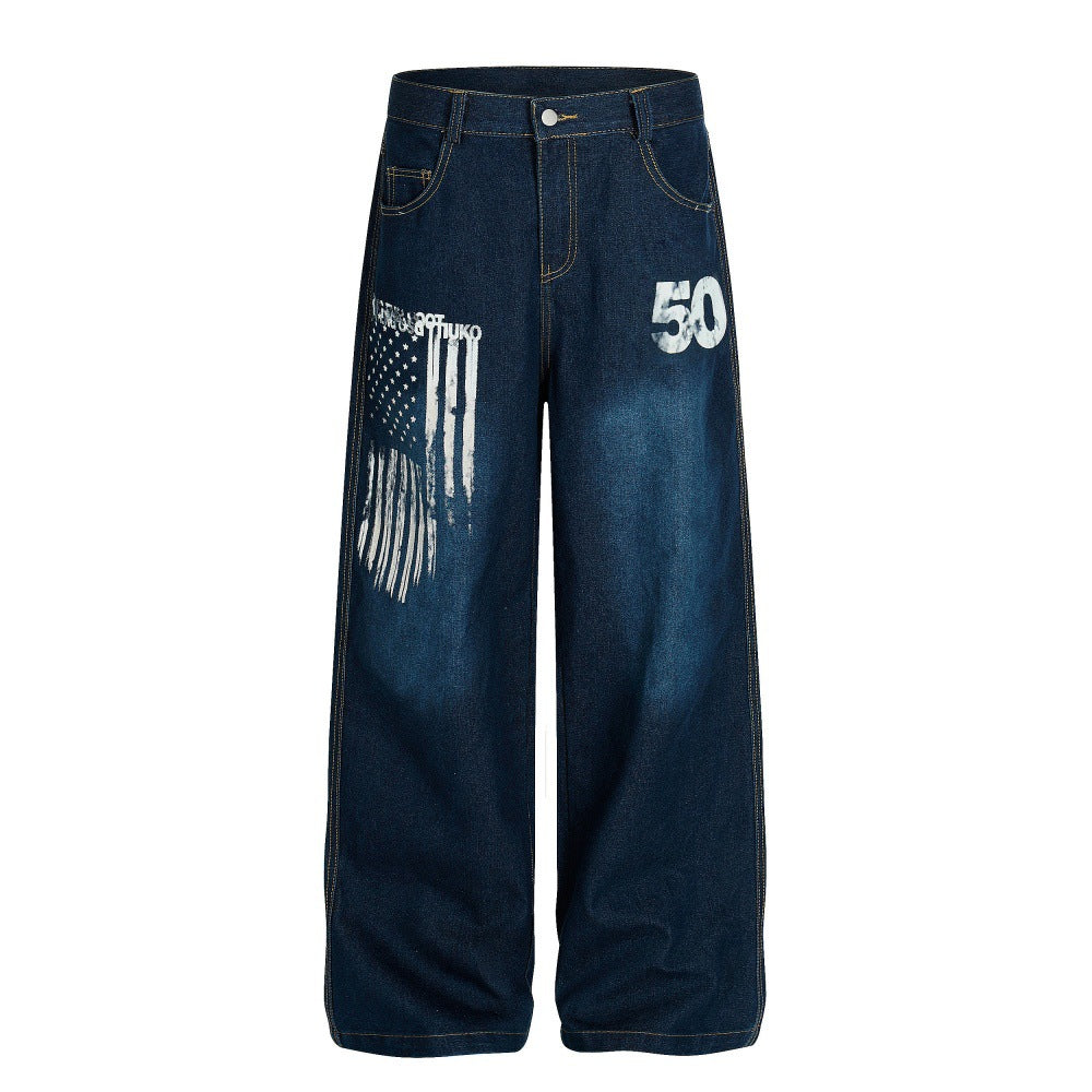 Modieuze Stijlvolle Effen Kleur Bedrukt en Beschilderde Denim Jeans met Wijde Pijpen en Knoopsluiting voor Heren & Jongens