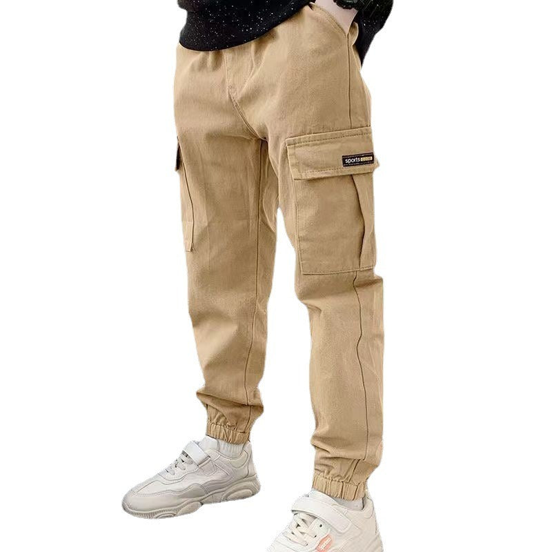 Trendy Stijlvolle Effen Kleur Oversized Casual Multipockets Cargobroek met Dubbele Tailleband en Smalle Pijpen voor Jongens
