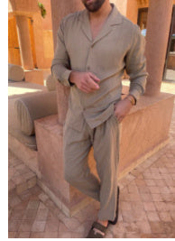 Designer Ontwerp Casual Modieuze Revers 2-delige Set/ Losse Overhemd met Lange mouwen en Slim-fit Broek voor Heren & Jongens