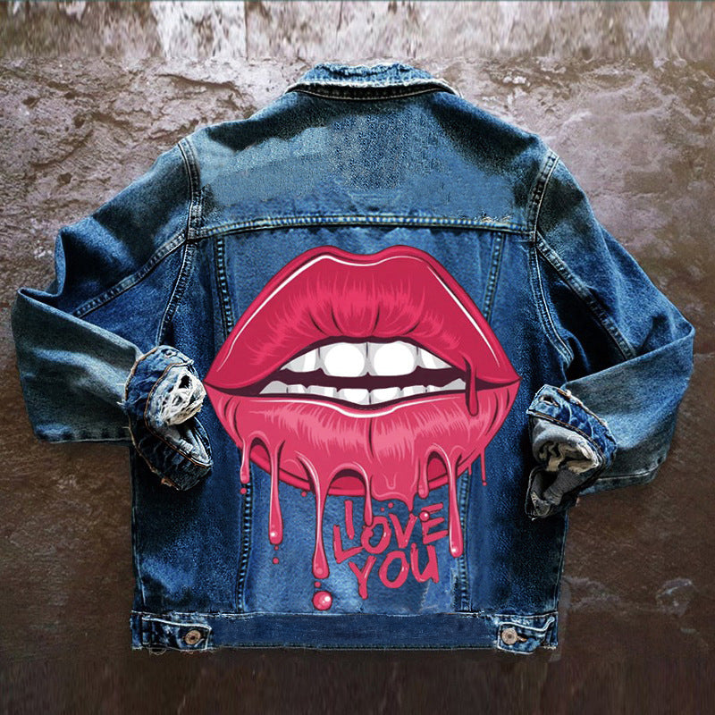 Amerikaanse Fashion Trendy Spijkerjacket met Big Lips Cartoon voor Unisex Jong & Oud