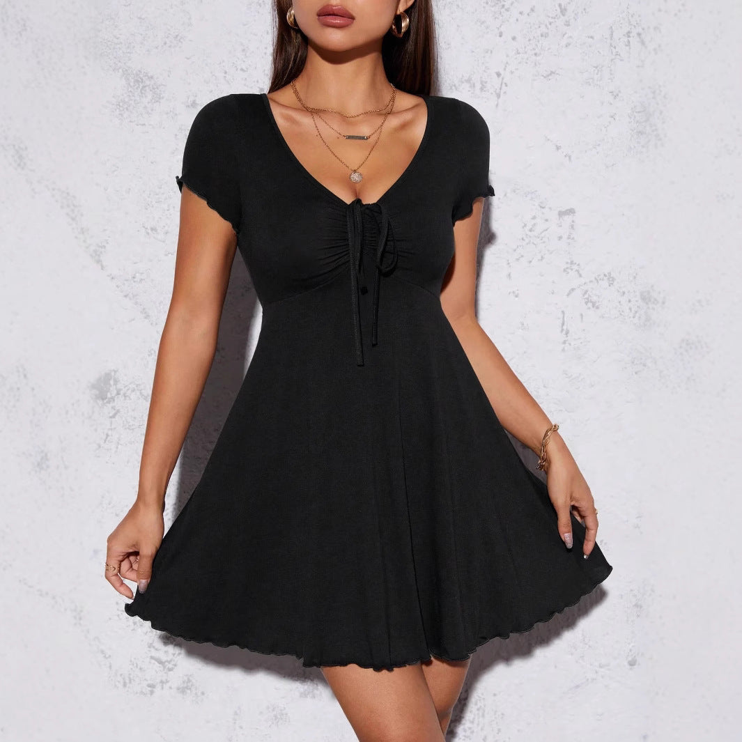 Stijlvolle Casual in Effen Kleur V-hals Midi-jurk met Korte Mouwen en Trekkoord voor Dames