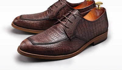 Europese en Amerikaanse Trendy Retro Business Effen Kleur Puntige Derbyschoenen met Krokodillen Motief van Echt Leer met Vetersluiting voor Heren