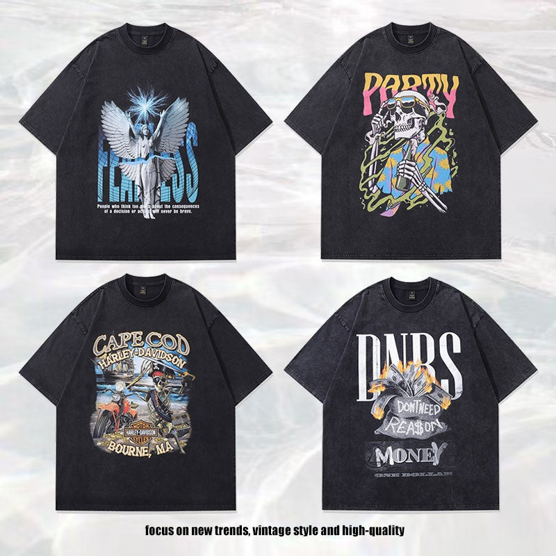 Trendy Retro High Street Fashion Effen Kleur Washed Vintage Cartoonprint T-shirt met Ronde Hals en Korte Mouwen voor Heren & Jongens