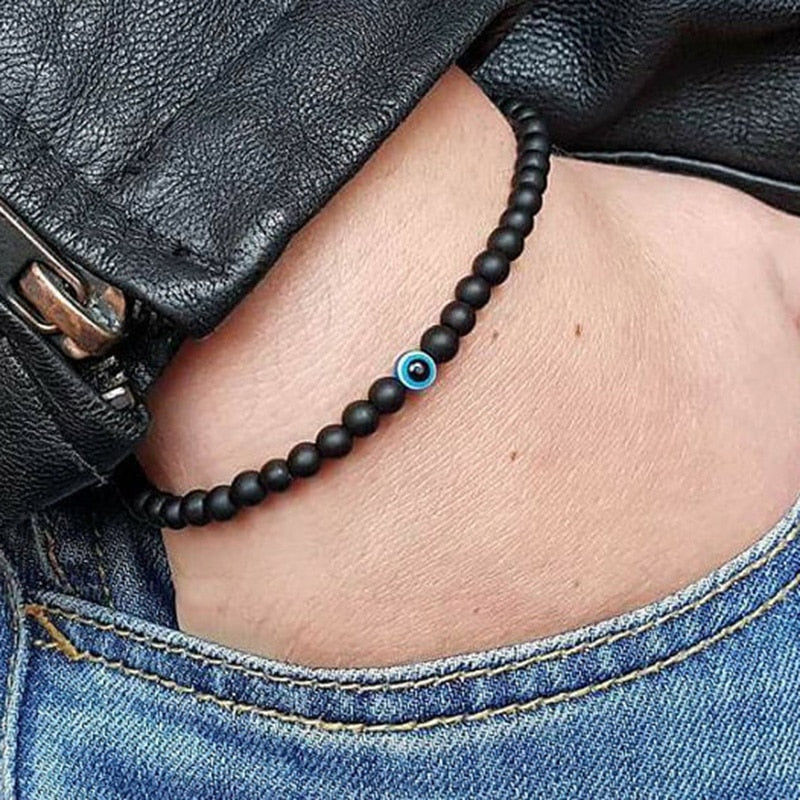Trendy Effen Kleur Klassieke Turkse Boze-Oog (Nazar) Armband met Zwarte Natuurstenen (Obsidiaan) voor Heren