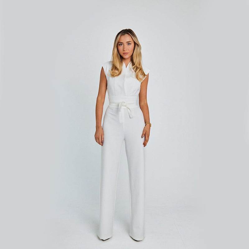 Mode Elegante Casual Effen Kleur Lange Mouwloze Hoge V-hals Jumpsuit met Wijde Pijpen en Riem voor Dames/Plus-size & Meiden