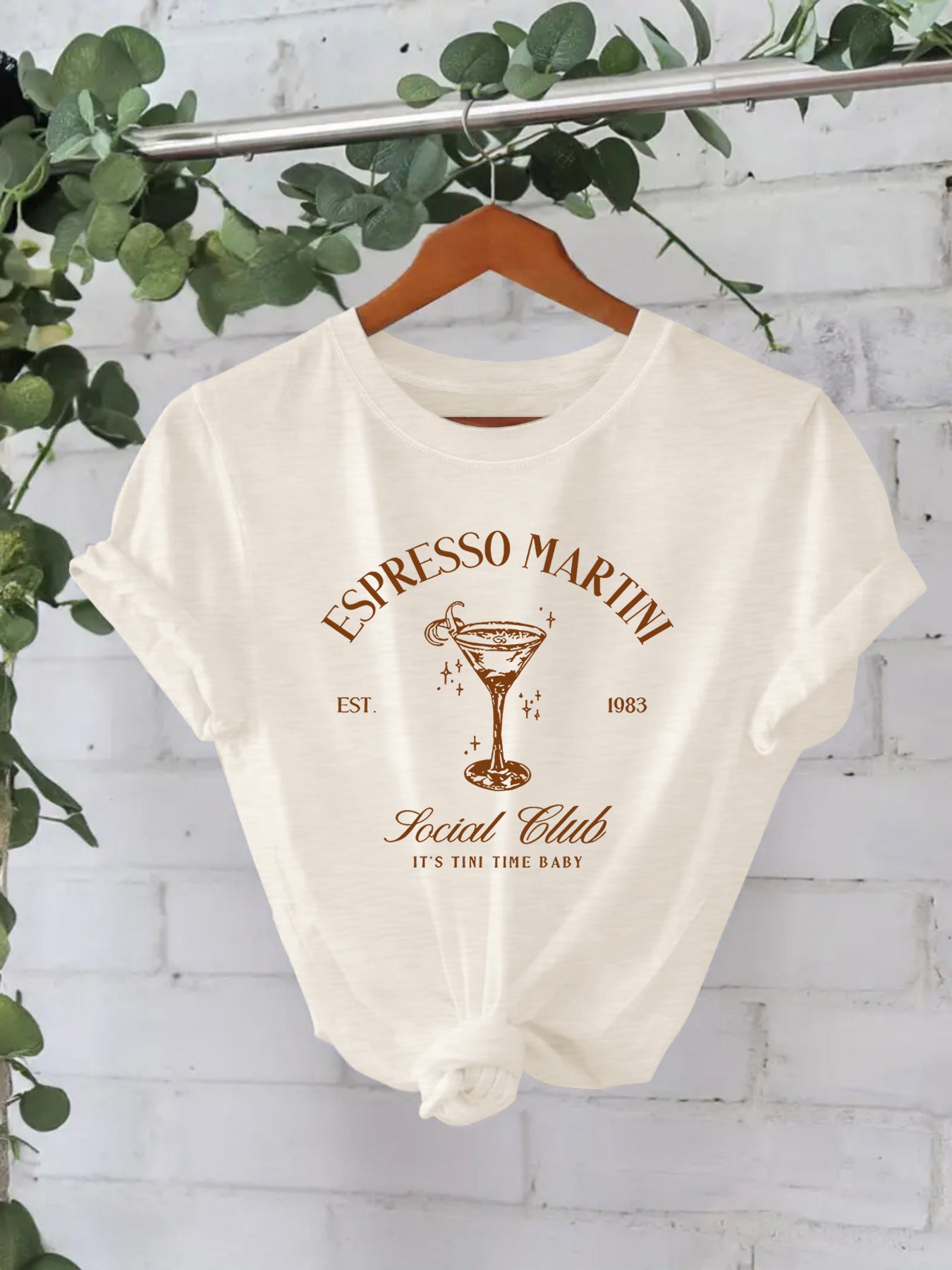 Stijlvolle Streetwear Effen Kleur Casual ESPRESSO MARTNI T-shirt met Ronde Hals en Korte Mouwen voor Dames/Meiden & Plus-Size