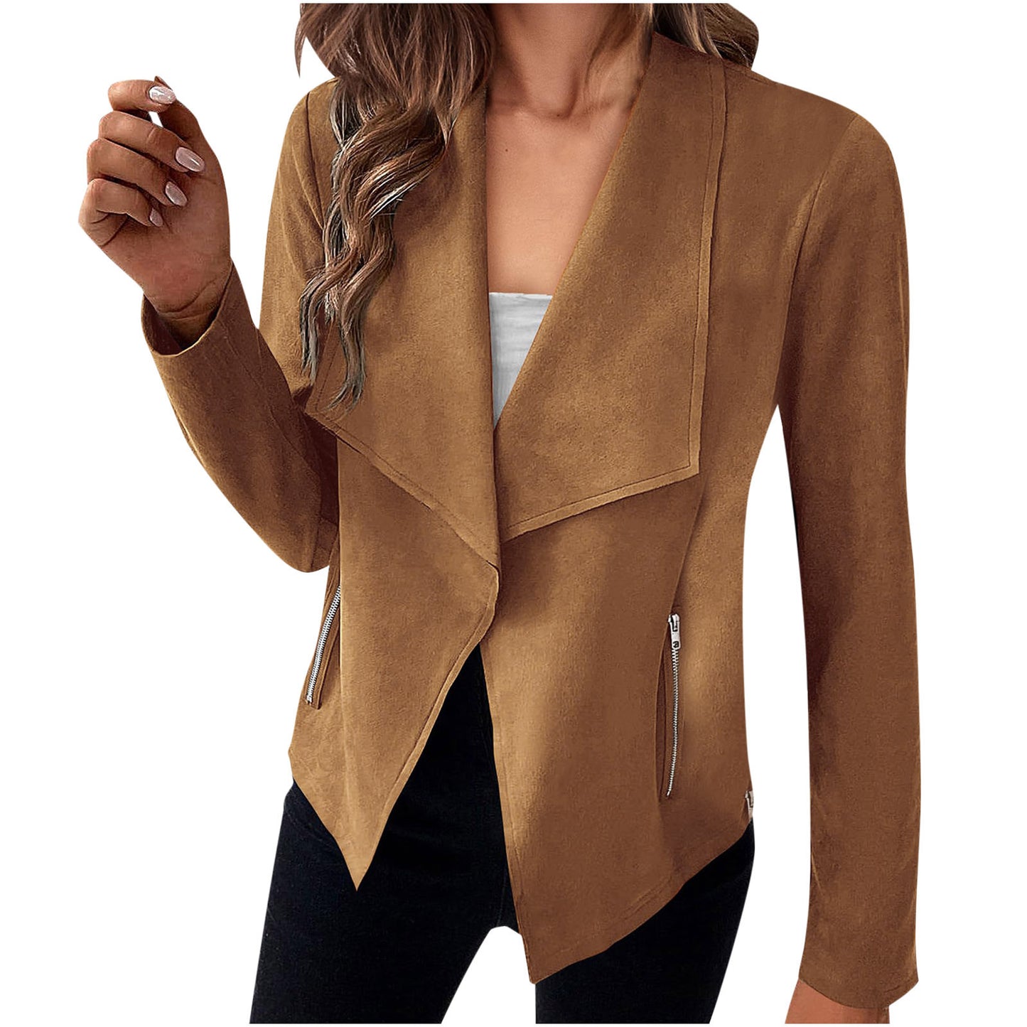 Stijlvolle Casual/Business in Effen Kleur Revers Suède Open Blazer met Ritszakken voor Dames & Plus-size