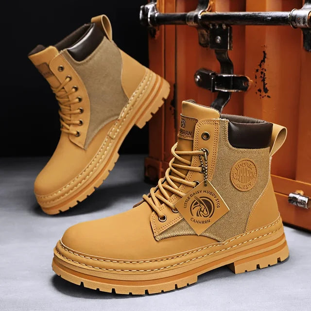 Stijlvolle Casual Business Effen Kleur Outdoor Hoge Workboots van PU-Leer met Patchwork en Dikke Zool