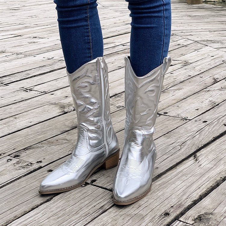 Amerikaanse Designer Disco Metallic Cowboy Laarzen van PU-Leer met Blok Hak en Geborduude Patroon voor Dames & Plus-size