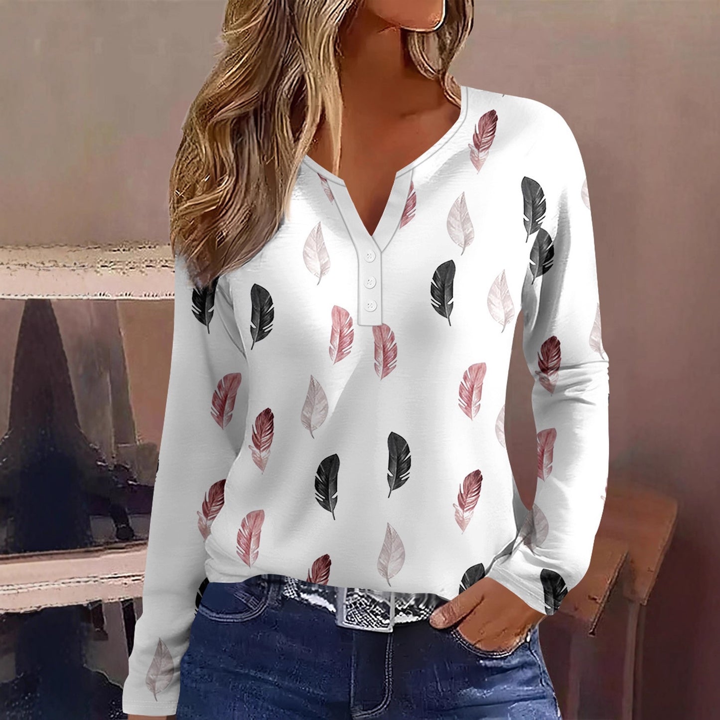 Amerikaanse Modieuze Oversized All-match Trendy V-hals Long-Sleeve Shirt met Geometrisch Patroon voor Dames & Plus-size