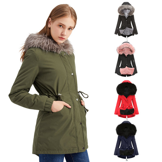 Casual Parka Katoenen Gewatteerde Middellange Winterjas met Bontkraag Capuchon en Ritssluiting voor Dames & Plus-size