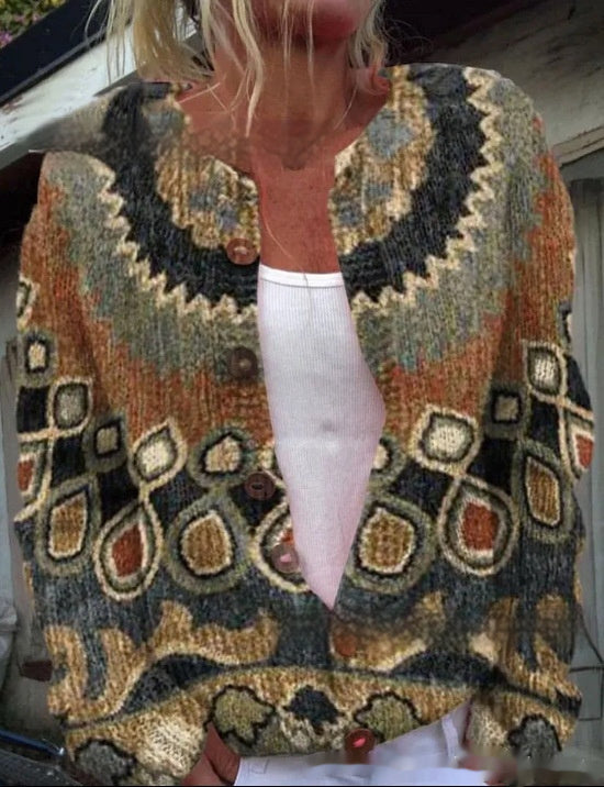 Casual Bedrukte Patroon Gebreide Trui-vest met Lange Mouwen en Knoopsluiting voor Dames & Plus-size