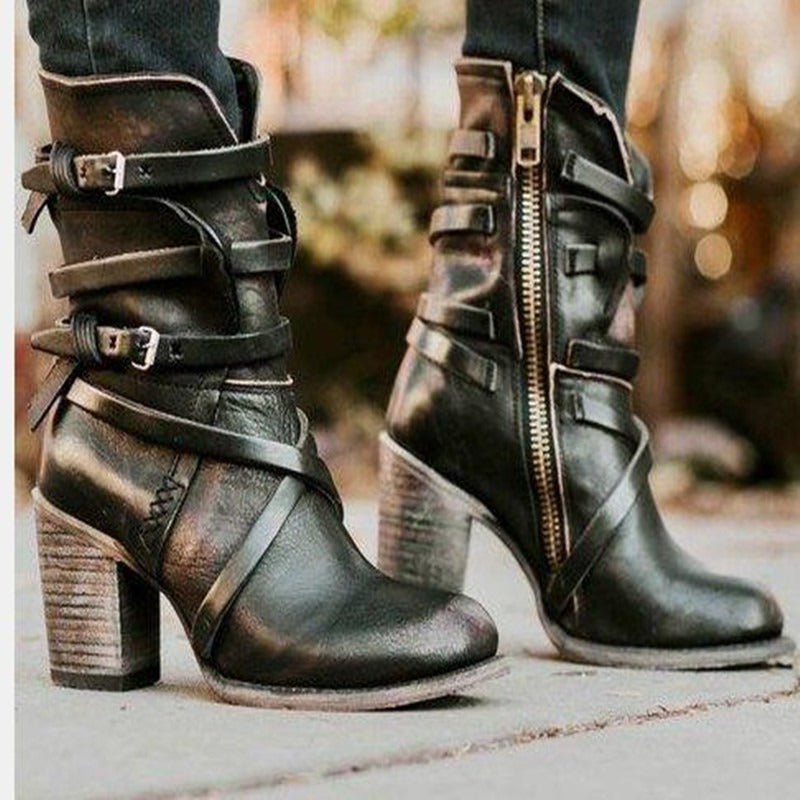 Trendy Spaanse Stijl Klassieke Effen Kleur Lange Boots van Echt Leer met Middelhoge Hak en Ritssluiting voor Dames