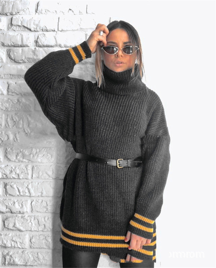 Europese en Amerikaanse Losvallend Gebreide Trui met Hoge Hals en Grote Strepen voor Dames & Meiden