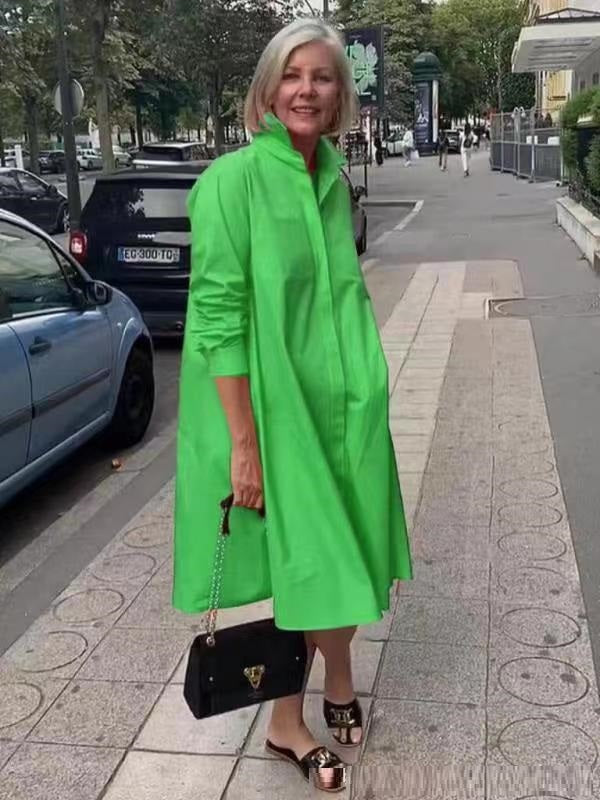Klassieke Elegante Effen Kleur Middellange Overhemdjurk met Lange Mouwen voor Dames & Plus-size