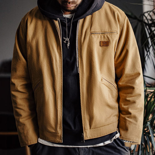 Retro Canvas Turn-down Jacket met Kraag en Ritssluiting in Amerikaanse Stijl voor Heren