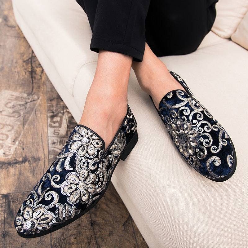 Europese en Amerikaanse Elegante Feestelijke Puntige Instap Loafers met Pailletten en Geborduurde Bloemenpatroon van Echt Leer voor Heren
