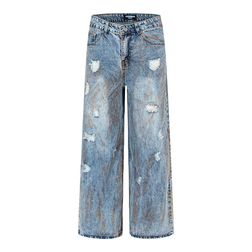 Trendy Modieuze Effen Kleur Oversized Casual Vintage Washed Denim Jeans met een 'Dirty Fit' Look en Rechte Pijpen voor Unisex