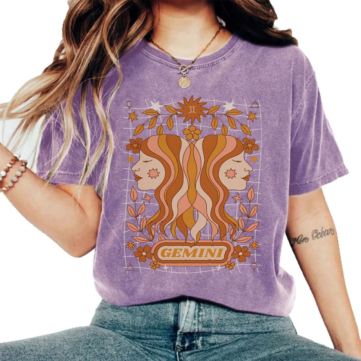 Stijlvolle Effen Kleur Washed Casual Vintage Ronde Hals T-shirt met GEMINI-print en Korte Mouwen voor Dames & Plus-Size