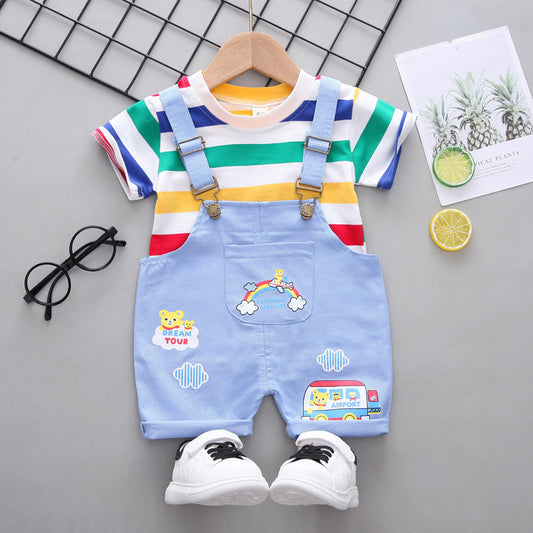 Modieuze Kinderset Schattige Effen Kleur Gestreepte T-shirt met Korte Mouwen en Bijpassende Cartoonprint Overalls met Bandjes voor Kinderen