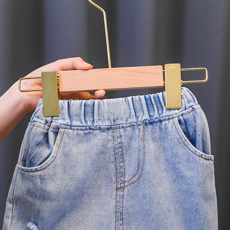 Modieuze Stijlvolle Effen Kleur Casual Korte Ripped Deminjeans met Stretch en Zakken voor Kinderen