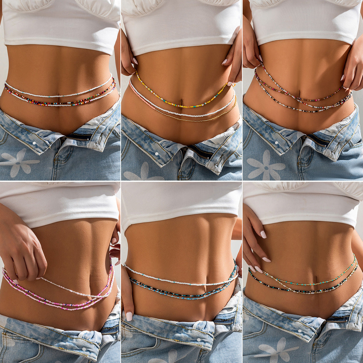 Trendy Casual Etnische Stijl Diverse Kleurrijke Dubbellaags Elastische Strand Tailleketting met Rijstkralen voor Dames