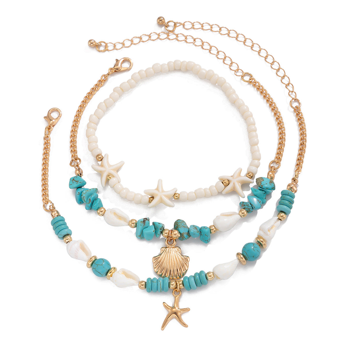 Eenvoudige Strandstijl Elegante Meerlaagse Turquoise Enkelbanden Set met Zeestervormige Rijstkralen voor Dames