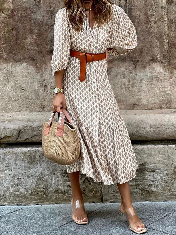 Elegante Ontwerp Temperament Bedrukte All-Over Print V-hals Maxi-jurk met Pofmouwen en Riem voor Dames & Plus-size