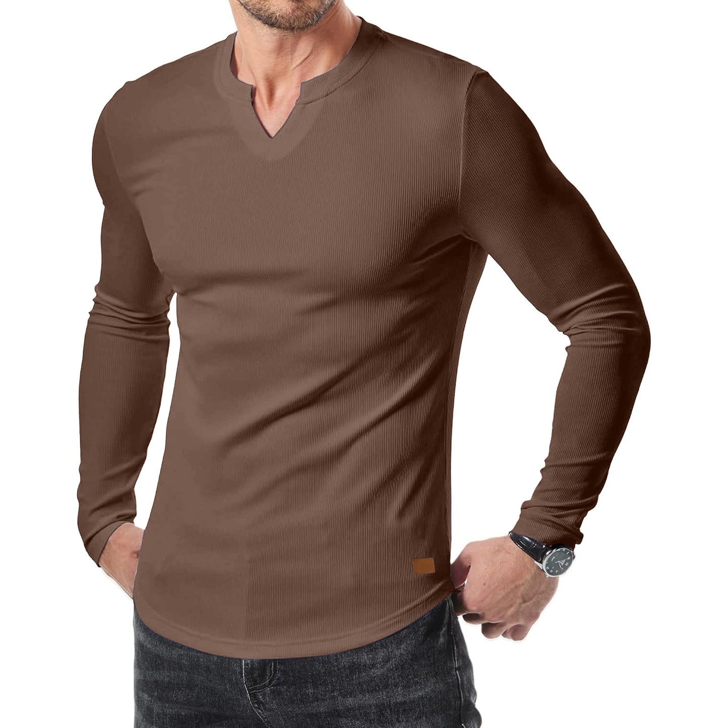 Fashion Casual Effen Kleur Slim Fit T-shirt met Kleine V-hals en Lange Mouwen voor Heren & Jongens