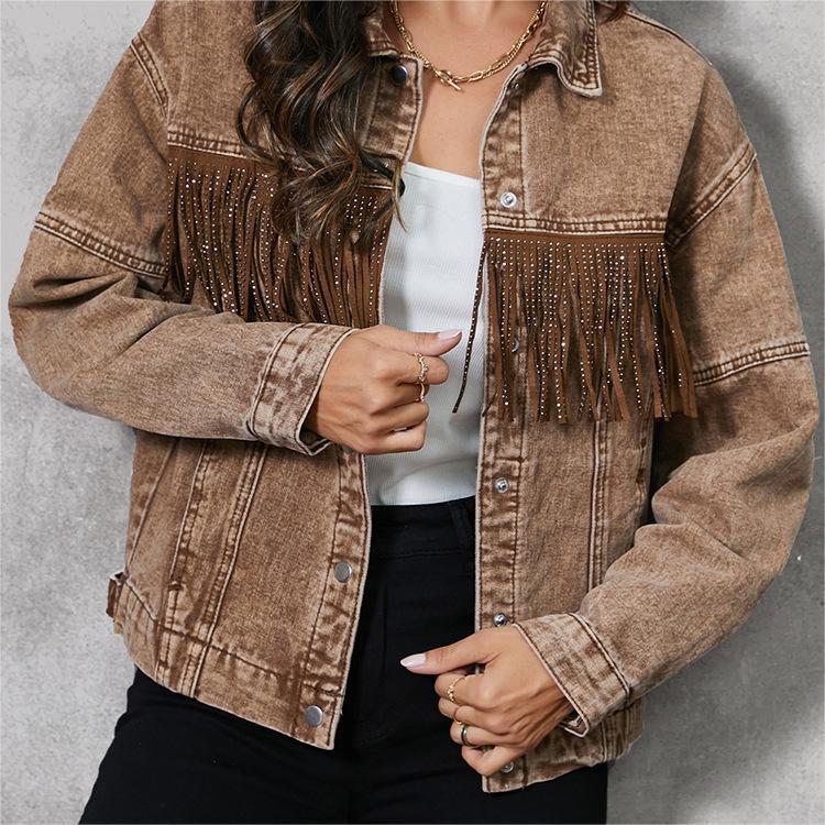 Country Style Spijkerjacket met Kwastjes-revers in Europese en Amerikaanse Stijl voor Dames