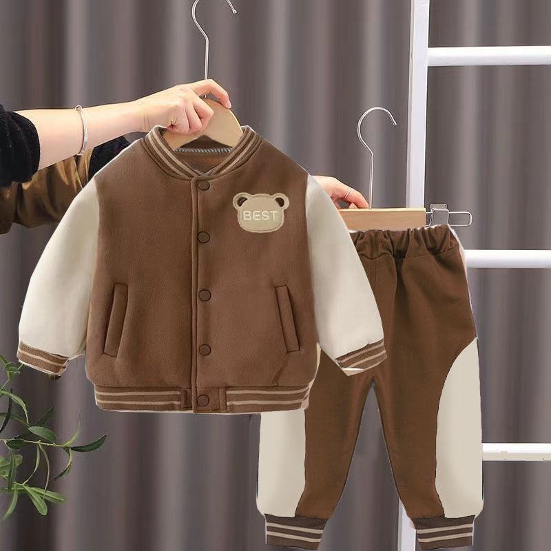 Casual Tweedelige Set Honkbaluniform Sweatvest met Geborduurde Cartoon & Broek met Patches voor Baby's/ Peuters