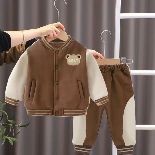 Casual Tweedelige Set Honkbaluniform Sweatvest met Geborduurde Cartoon & Broek met Patches voor Baby's/ Peuters