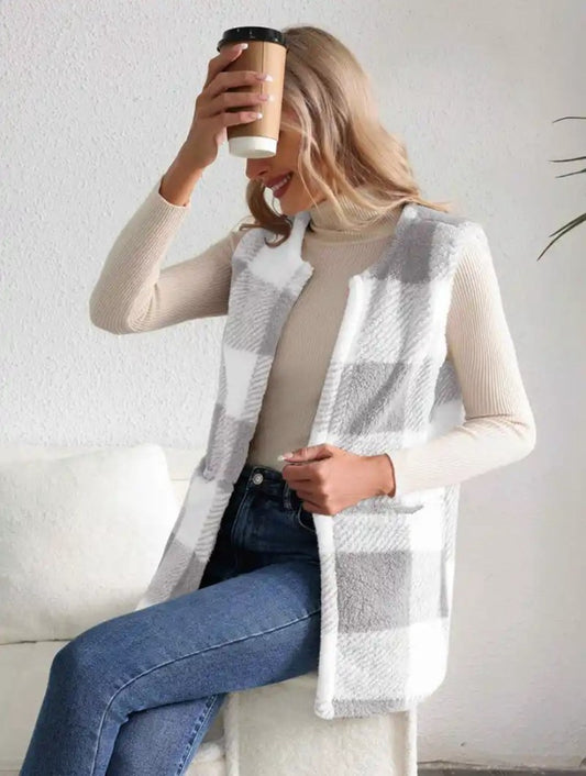 Casual Mouwloze Oversized Fleece Geruite Openvest met Zakken voor Dames & Plus-size