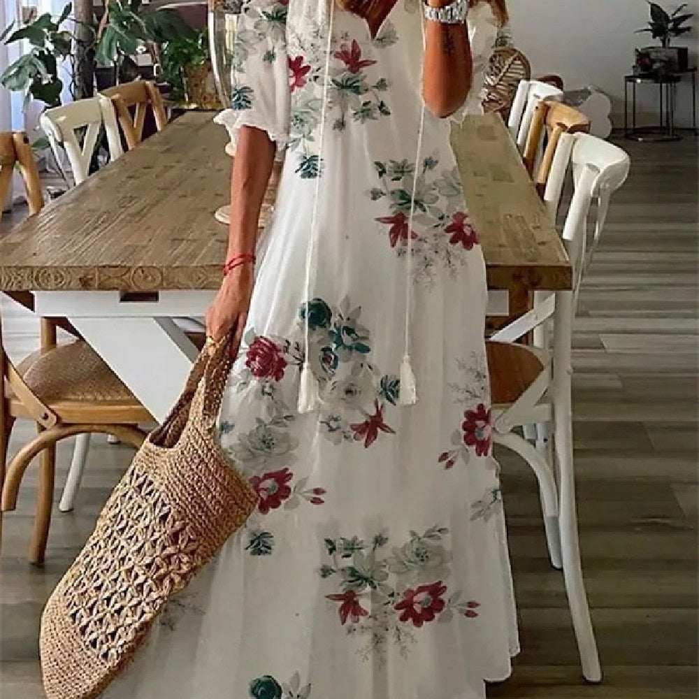 Stijlvolle Elegante Bedrukte Bloemenprint Maxi-jurk met Lange Mouwen en V-hals voor Dames & Plus-size