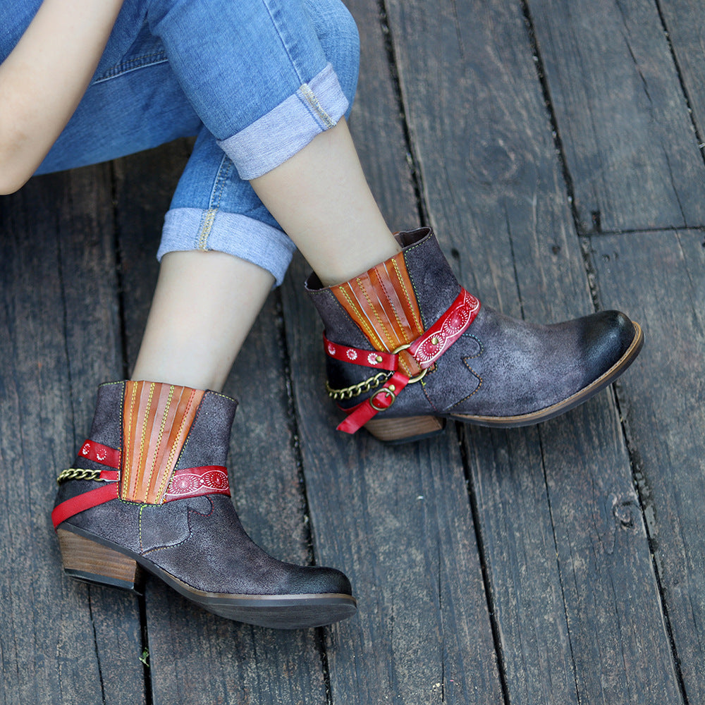 Amerikaanse Fashion Vintage Handgemaakte Matte Cowboy Enkellaarzen van Echt Leer met Geomestrisch Studded-band en Enkelketting voor Dames & Plus-size