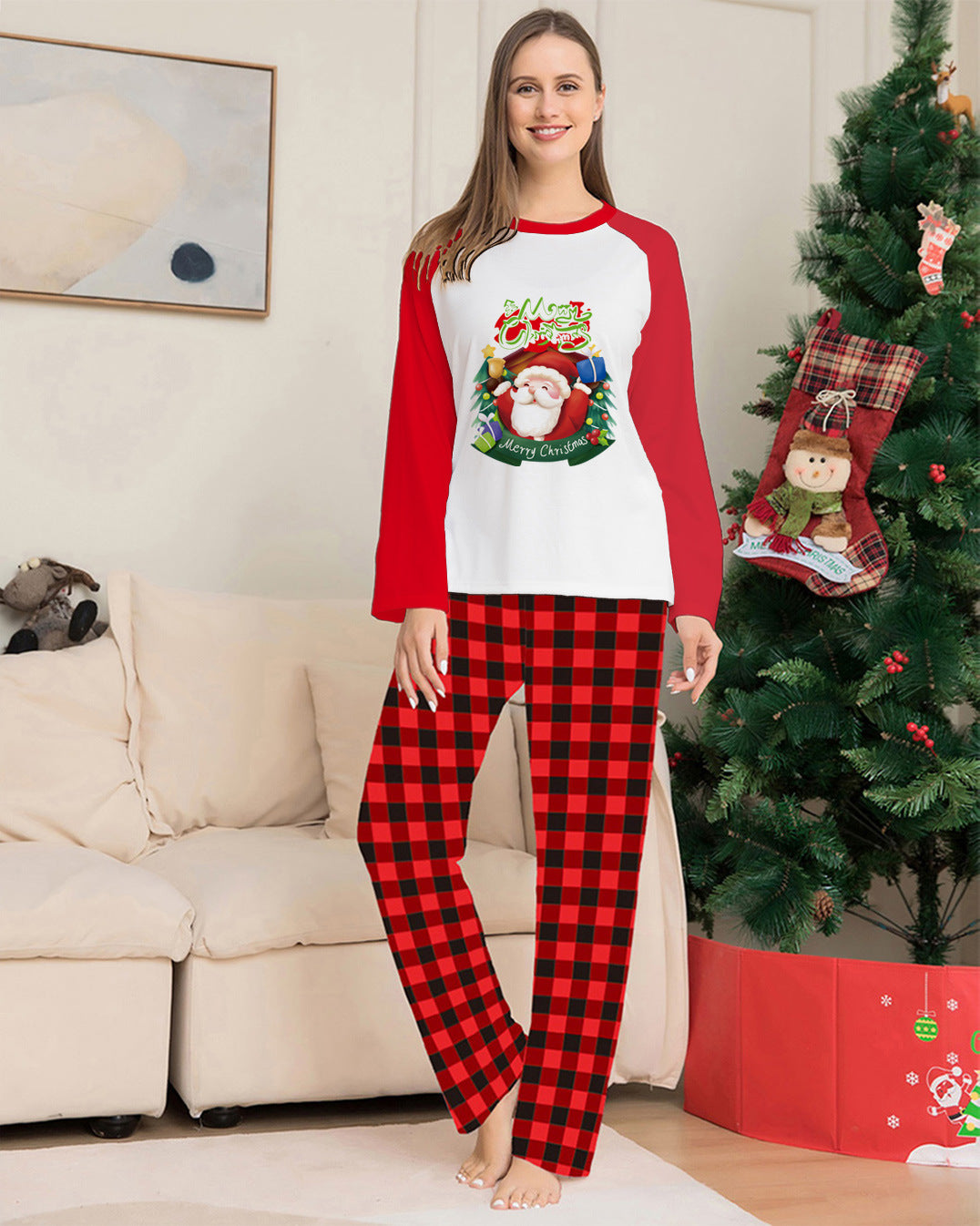 Kerstmis Familie Trendy Casual Matching Geruite Kerstpyjama met Kerstmisprint Gezin & Koppels