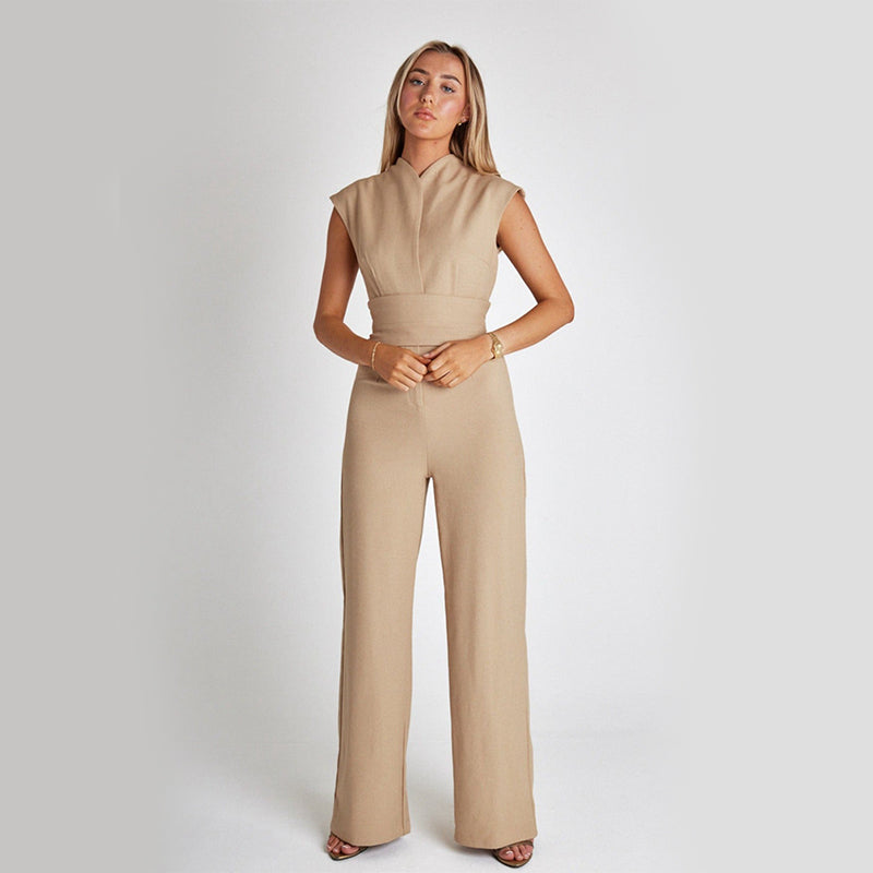 Mode Elegante Casual Effen Kleur Lange Mouwloze Hoge V-hals Jumpsuit met Wijde Pijpen en Riem voor Dames/Plus-size & Meiden