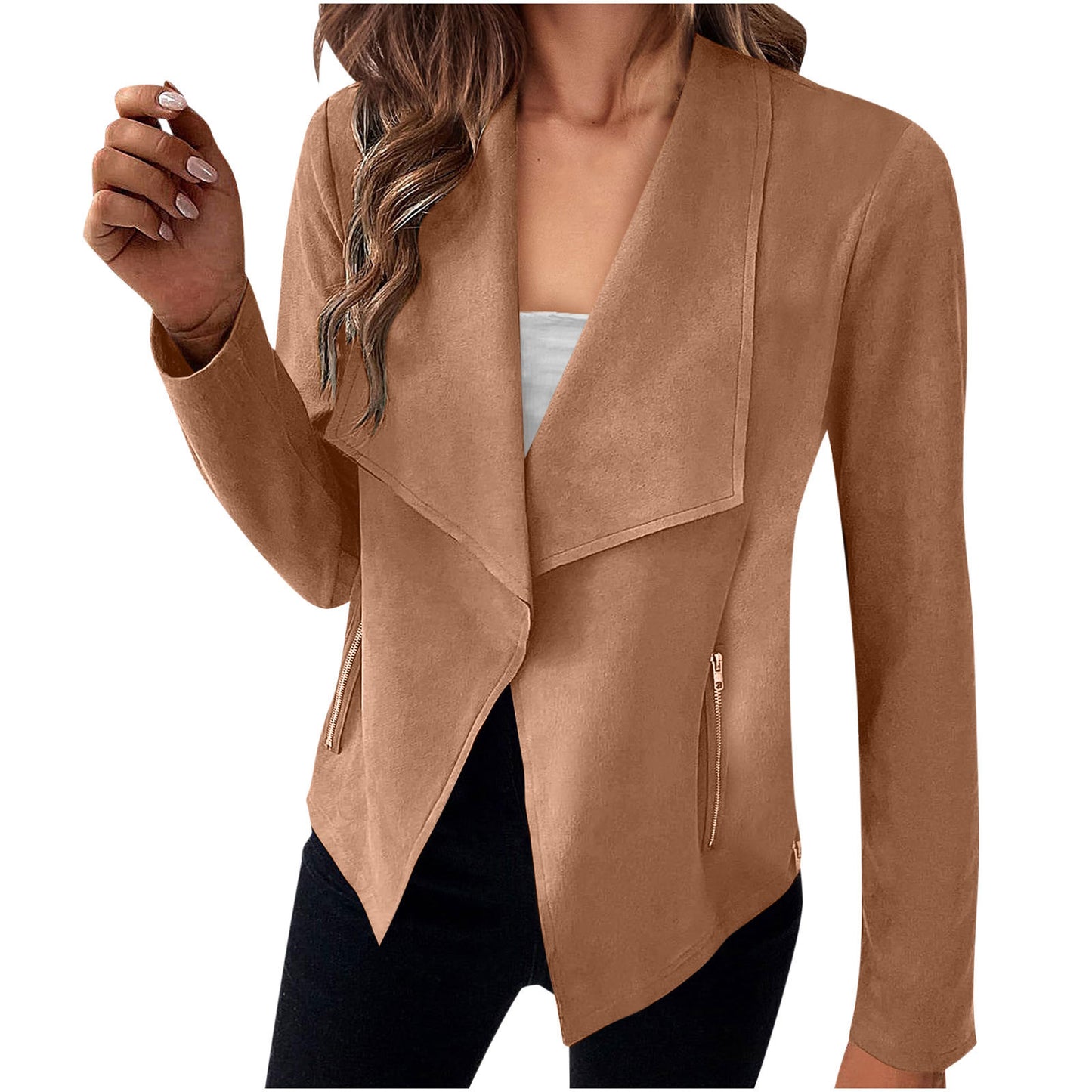 Stijlvolle Casual/Business in Effen Kleur Revers Suède Open Blazer met Ritszakken voor Dames & Plus-size