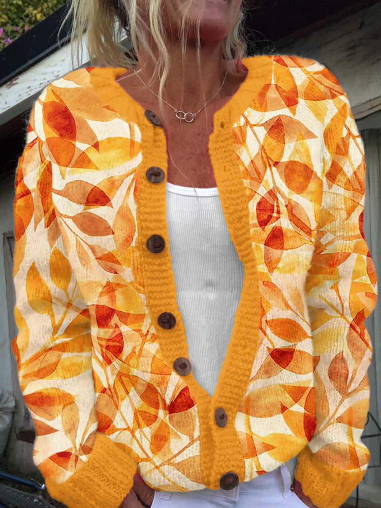 Elegante Casual 3D Digitaalprint Gebreide Trui-vest met Lange Mouwen en Knoopsluiting voor Dames & Plus-size